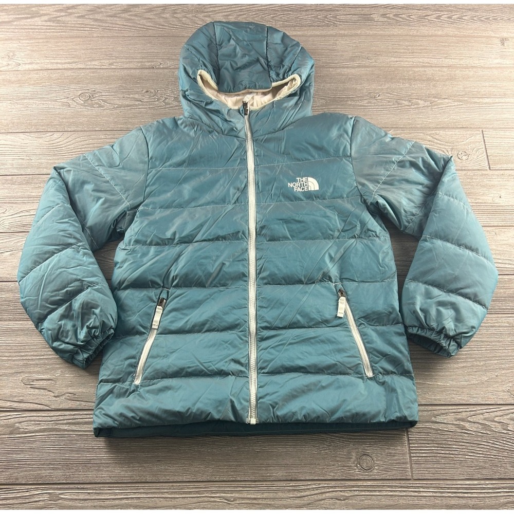 The North Face Girls XL Reversible Down Puffer Winter Jacket Blue White 550